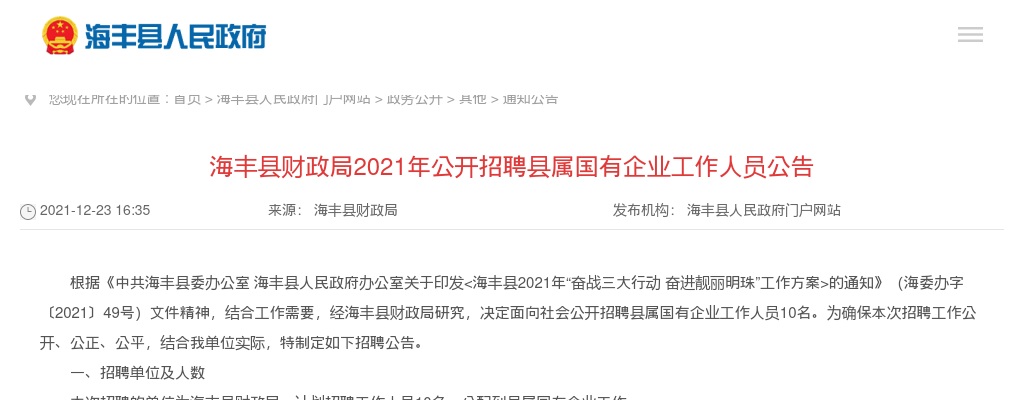 2021年广东汕尾海丰县财政局招聘县属国有企业工作人员10人公告 图片